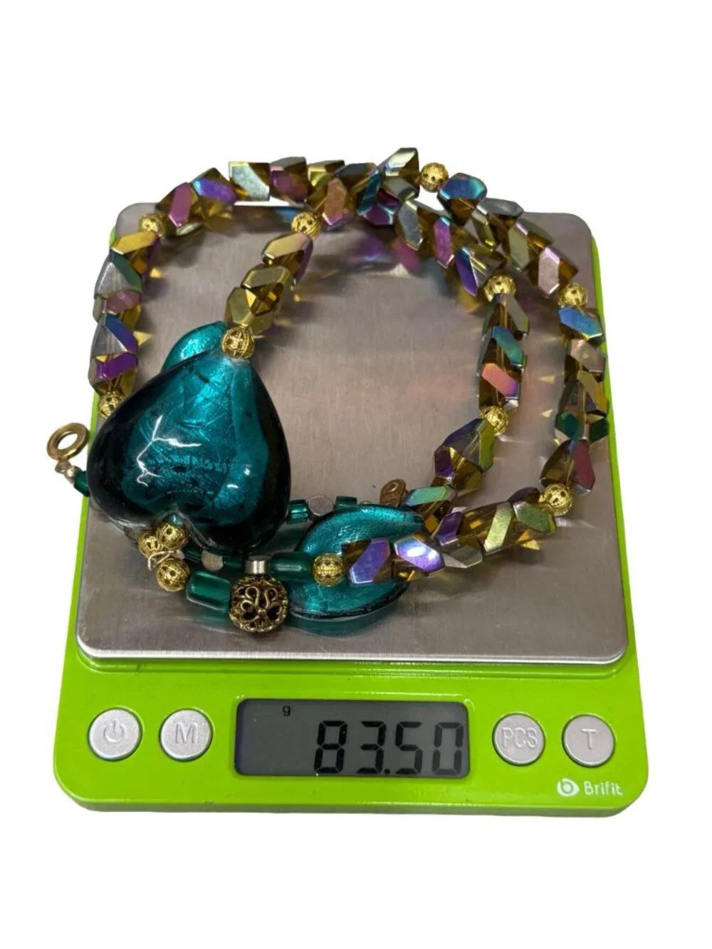 Vintage Green Glass Teal Heart Pendant Necklace AB Oil Spill Beads 24" Statement - Picture 7 of 10